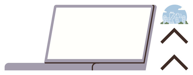 Open laptop with blank screen, upward arrows, and floating cityscape icon symbolizing development, technology, progress, and digital growth. Ideal for innovation, communication, business education