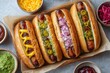 © World of AI - Family-style hot dogs in brioche buns with toppings on tray, casual food spread in daylight