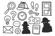 © Влада Яковенко - Mystery Doodle Icons. Hand-drawn doodle illustration mystery conundrum magnifying glass, question mark, detective hat, footprints,