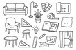 © Svitlana - Interior Design Doodles. Hand-drawn doodle illustration interior design sofa, lamp, floor plan, paint swatches, measuring tape,