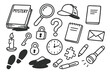 © Svitlana - Mystery Doodle Elements. Hand-drawn doodle illustration mystery novel book, magnifying glass, question mark, detective hat,