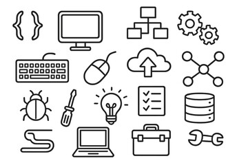 Tech Doodle Icons. Hand-drawn doodle illustration software framework code brackets, computer monitor, flowchart, gears, keyboard,