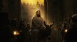 © Светлана Воротняк - Jesus Christ riding a Donkey to Jerusalem. Palm Sunday procession. Religious event. Entrance into the city. Holy week celebration concept.
