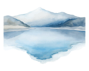 Watercolor frozen lake with reflections vector illustration isolated on white background