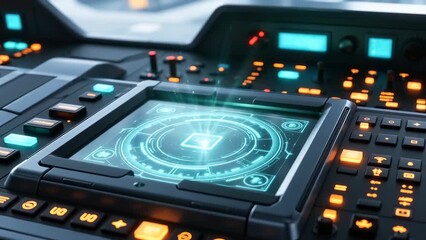 Futuristic Control Panel with Holographic Interface in Sci-Fi Setting
