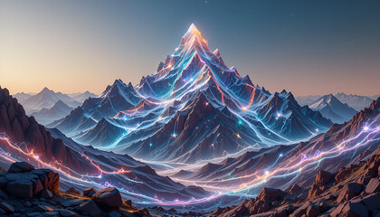 Enchanting mountain range aglow with ethereal blue and orange energy currents, resembling a mystical, otherworldly landscape under a starry twilight sky, evoking a sense of magic and cosmic wonder
