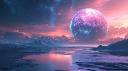 Wall Mural - A vibrant, pink and blue moon hangs above a frozen landscape, casting an ethereal glow over the mountains and still water.