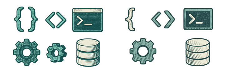 Retro style programming and data technology symbols including code brackets, terminal, gears, and database