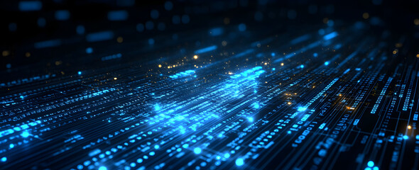Blue abstract digital background with glowing binary code and data flow lines symbolizing cyber technology, computer programming, and futuristic internet communication network systems