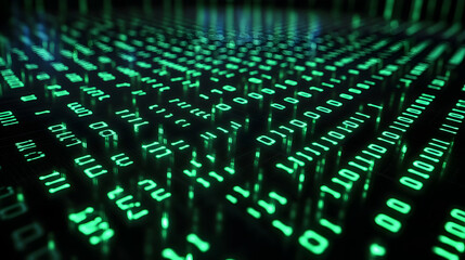 Cyber data stream with glowing green binary code pattern of ones and zeros cascading on black surface representing programming, artificial intelligence, and modern computer technology background