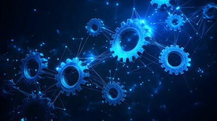 Geometric abstract digital design with blue low poly shapes, gears, and data connections on dark background representing innovation, cloud computing, and futuristic technology systems