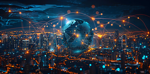 Global digital web concept with luminous interconnected points, abstract network illustration representing internet, worldwide communication, and the future of technology