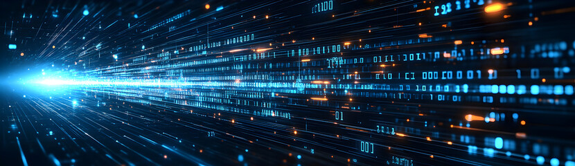 Technology abstract illustration featuring glowing horizontal lines and blocks in blue tones on dark background, concept of network data, communication systems, and modern business design