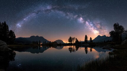 Stunning Milky Way galaxy arching over a tranquil mountain lake with perfect star reflections.