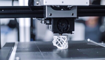 A close-up view of a 3D printer in action, building a white, intricate, skull-shaped object on a metal base. The machine's mechanical arm is in focus