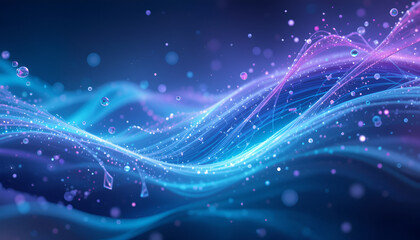 Gentle, flowing waves of luminous blue and purple light with scattered bokeh particles, creating a serene and dreamy digital atmosphere, perfect for background or ambient visuals