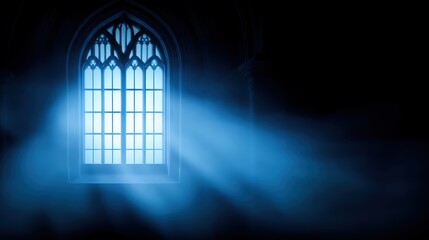Wall Mural - Ethereal light streaming through a gothic window, illuminating a dark room with a mystical atmosphere
