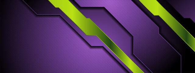 Wall Mural - Violet and green geometric technology stripes abstract background. Vector concept banner design