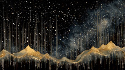Celestial landscape golden mountains under starry sky with falling gold