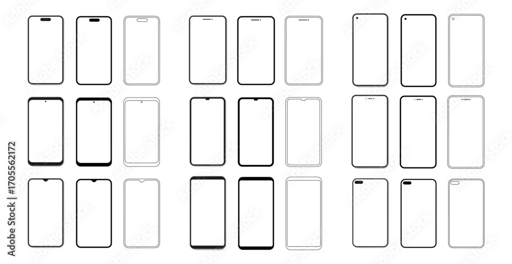 Blank smartphone screens collection. Vector various modern phone front ...