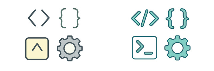 Modern coding symbols and essential settings icons for software development, web design, and digital interface projects