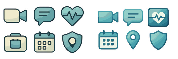 Essential flat design icons for digital communication, health monitoring, business management, and online security applications