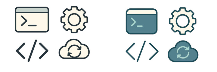 Modern Programming and Development Icons Set with Terminal Window, Settings Gear, Code Tags, and Cloud Sync Symbols