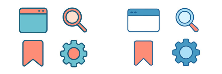 Modern web interface icons set featuring browser windows, search magnifying glasses, bookmark flags, and settings gears