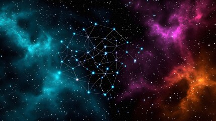 Wall Mural - The image depicts a mesmerizing abstract representation of space with a network of glowing blue points and connecting lines against a nebula backdrop.