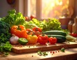 © ikhsan - Vibrant display of fresh produce, including peppers, tomatoes, zucchini, broccoli, lettuce, and garlic, arranged on a wooden cutting board, bathed in the warm light of a sunny kitchen.