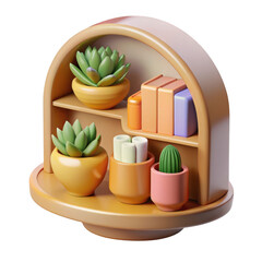 Charming 3d rendered shelf display featuring succulents books and rolled items isolated on transparent background