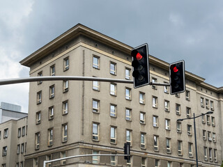 urban building in city landscape downtown. modern architecture with traffic light signal, tall