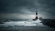 © Freedom in Life - Red and white lighthouse on a rocky breakwater Crashing ocean waves under a stormy sky