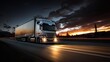 © Ірина Пальцева - A commercial truck speeds down a highway at dusk, with a dramatic sunset in the background. The truck's headlights illuminate the road ahead, highlighting its motion.