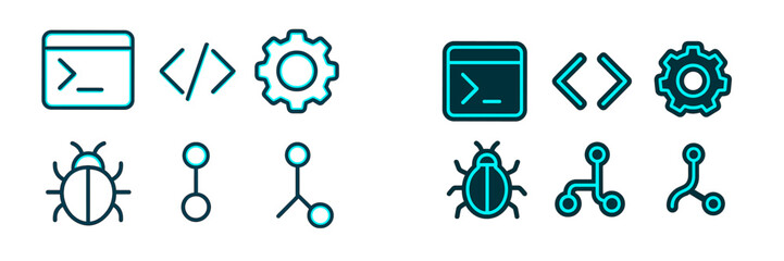 Modern programming and software development icons featuring terminal, code, settings, bug, and connection symbols