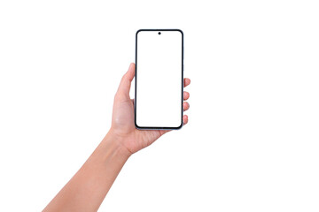 Close-up of hand showing blank smartphone screen isolated on a transparent background Suitable for technology, marketing and product placement concepts.