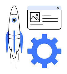 Rocket soaring upward, window interface with image and text, and gear wheel. Ideal for innovation, technology, startup, development, productivity automation strategy. Simple flat metaphor