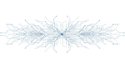 Intricate blue circuit board pattern on white background displays symmetrical design. Concept for network infrastructure, technology solution and modern computing design