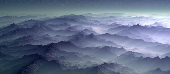 Endless, hazy mountain ranges under a twilight sky, creating a serene, ethereal landscape