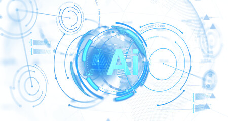 AI lettering displayed in center of transparent futuristic interface, blue abstract tech style, isolated on white background, concept of global data