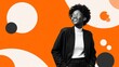 © VisualFolioZone - A confident professional woman with an afro hairstyle smiles warmly while standing against a vibrant orange and white bu