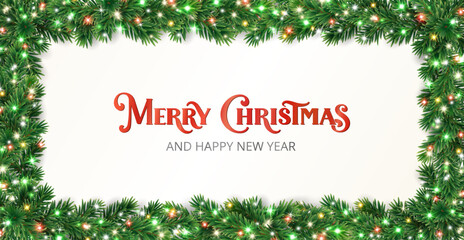 Wall Mural - Holiday banner. Christmas tree frame with fir branches and colorful glowing lights. Merry Christmas lettering. Perfect for winter headers, party posters, invitations, social media banners. Vector.