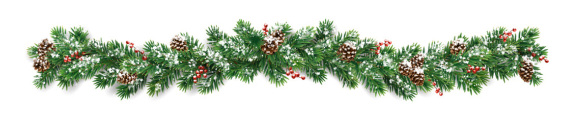 Wall Mural - Horizontal Christmas garland with snowy fir branches, pine cones, and holly berries. Festive design for winter banners, cards, invitations, and seasonal posters. Transparent background in vector file.