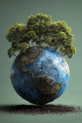 The blue Earth with trees growing on it stands in the dirt against a green background