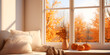 © TatjanaMeininger - Cozy window sill with pillows and blanket, fall decoration and golden autumn outdoors view