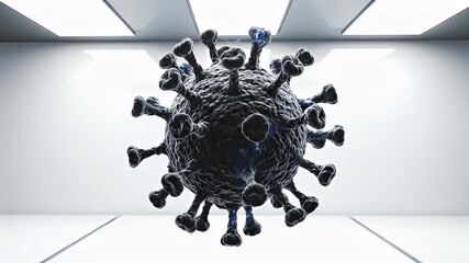 Realistic 3D rendering of a virus particle with glowing spikes in a sterile laboratory environment