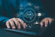 © Nirusmee - LLM large language model and custom AI solutions. Artificial intelligence driven automation technology. Person using laptop computer for training and instructing AI.