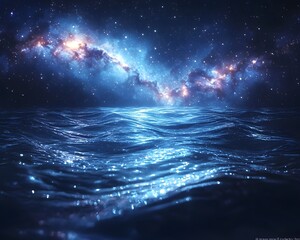 Wall Mural - a vibrant cosmic nebula illuminates the dark night sky its starlight reflecting on the undulating su