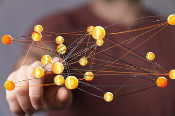 Interconnected nodes represent data flow, global communication, and network technology.