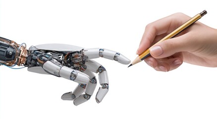 A robotic arm and a human hand prepare to collaborate, holding a pencil against a white background